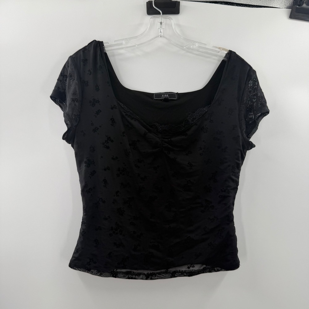 Vibe Y2K Black Floral Mesh Top Lace Trim Sweetheart Neck XL